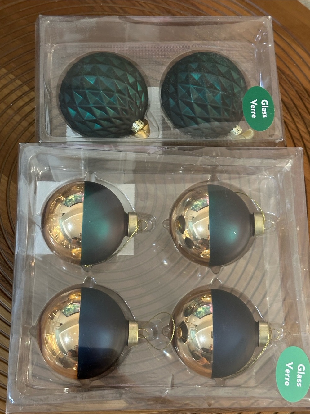 Set of 6 Glass Green & Rose Gold Christmas Ornaments
